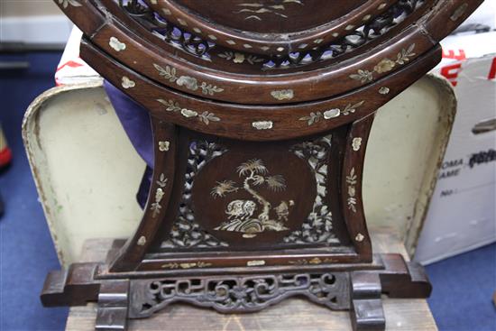 A Chinese rosewood and mother of pearl inlaid table screen, width 51cm height 75cm, old repairs